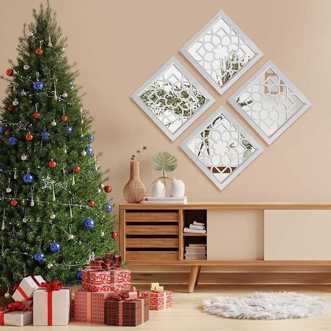 Beeveer 4 Pcs 11.8 x 11.8 Inch Square Decorative Wall Mirror Modern Mirrored Wall Decor Wood Framed Wall Mounted Decorative Mirrors for Wall Decor Bedroom Kitchen Living Room(White)