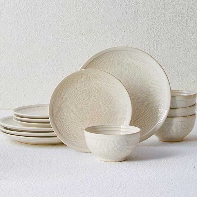 Pokini Dinnerware Sets, Beige Relief Plates and Bowls Sets, 12 Pieces Stoneware Dinnerware Set Service for 4, Vintage Look Dish Set Clearance, Handmade Highly Chip and Crack Resistant Dishes