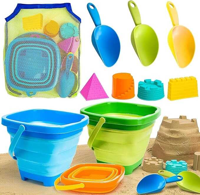 AuntyFey Collapsible Beach Toys Sand Toys for Toddlers 1-3, Beach Toy Sand Toy for Kids Ages 4-8, Collapsible Beach Sand Buckets Toys for Kids, Sandbox Toys for Toddler with Castle Sand Molds Shovels
