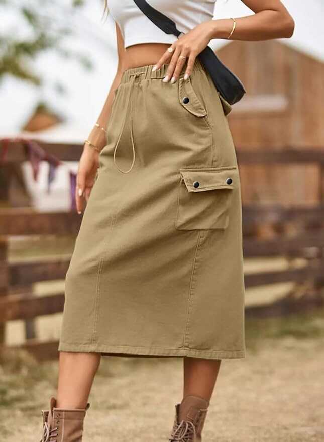 Dokotoo Women's Drawstring Waist Flap Pocket Cargo Skirt Back Slit Midi Skirt