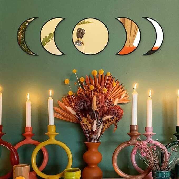 Slthe 5 Piece Moon Phase Mirror Set, Scandinavian Natural Decor Wall Decorative Mirror Home Decor Bohemian Moon Mirror for Living Room Bedroom, Acrylic Mirror, Not Real Mirror(Black)