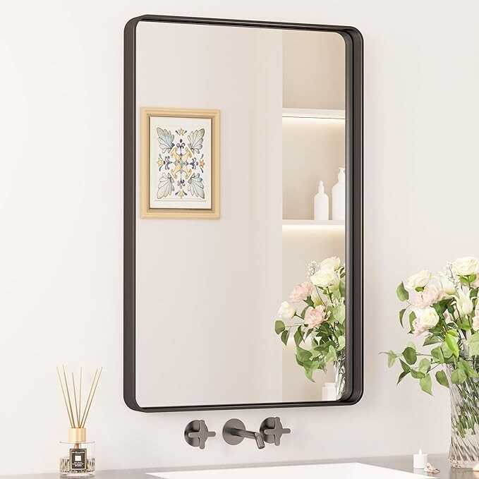 Keonjinn Black Metal Framed Bathroom Mirrors for Wall, 20 x 30 Inch Rounded Rectangle Bathroom Vanity Mirror, Matte Black Farmhouse Mirror with Seamless Frame, HD Tempered Glass(Horizontal/Vertical)