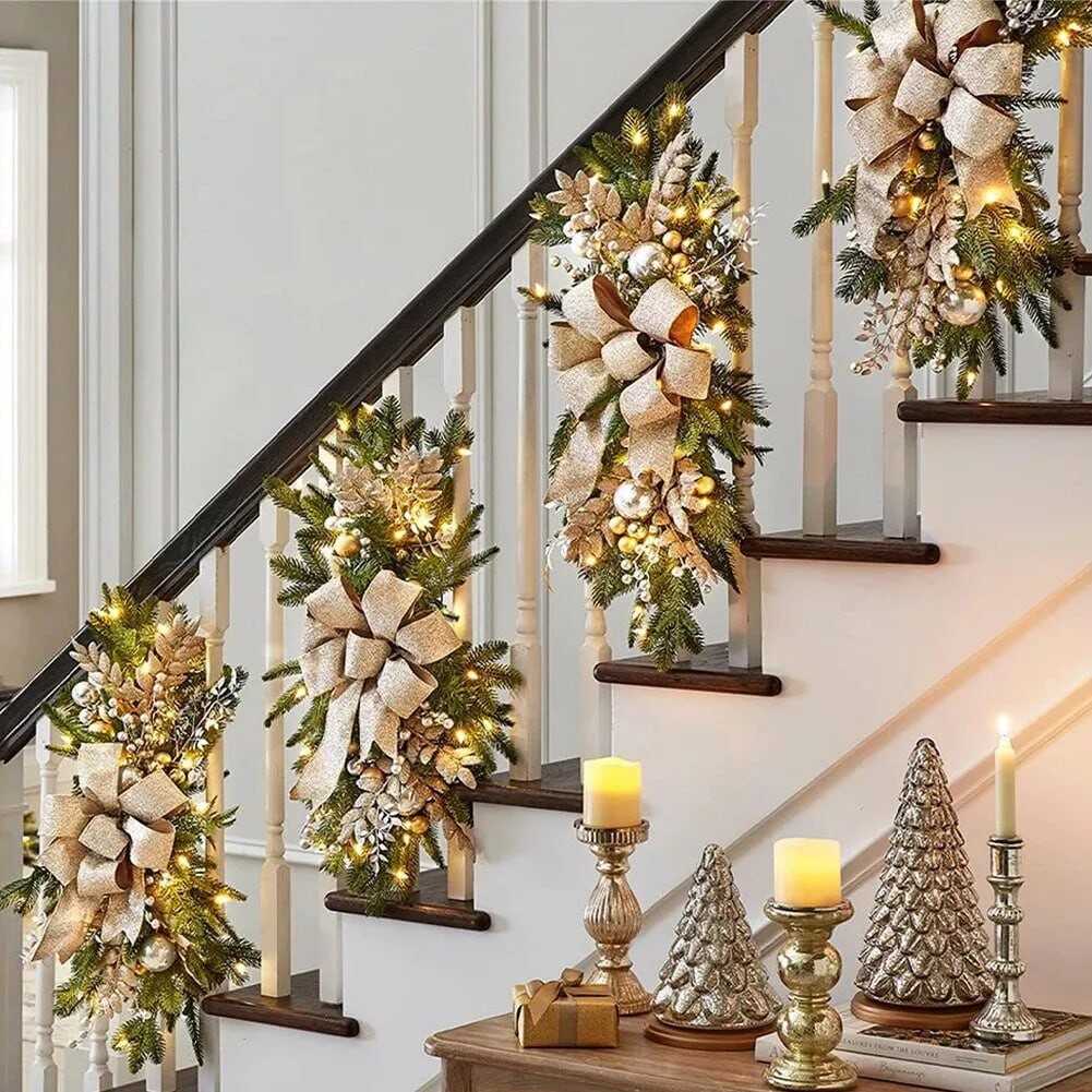 Christmas Wreath Garland Door Wreath With Led Light Hanging Staircase Decor Xmas
