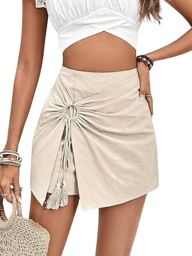 SOLY HUX Women's High Waisted Fringe Trim Skort Ring Linked Wrap Casual Skirt Shorts