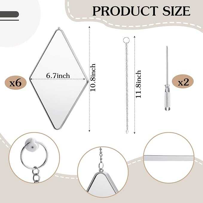 6 Pack Mirror Wall Decor Set with 2 Screwdriver Diamond Hanging Wall Mirror with Chain Silver Frame Decorative Chain Mirror for Home Living Room Entryways Bathroom Farmhouse Wall Decor, 10.8x6.7inches