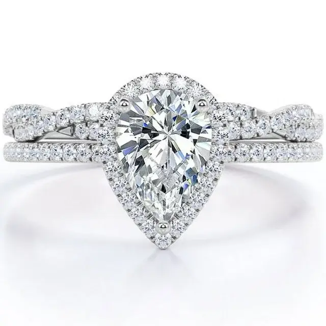 JeenMata 1.25 Carat pear cut Moissanite and Diamond Halo Bridal Wedding Ring Set in 10k White Gold