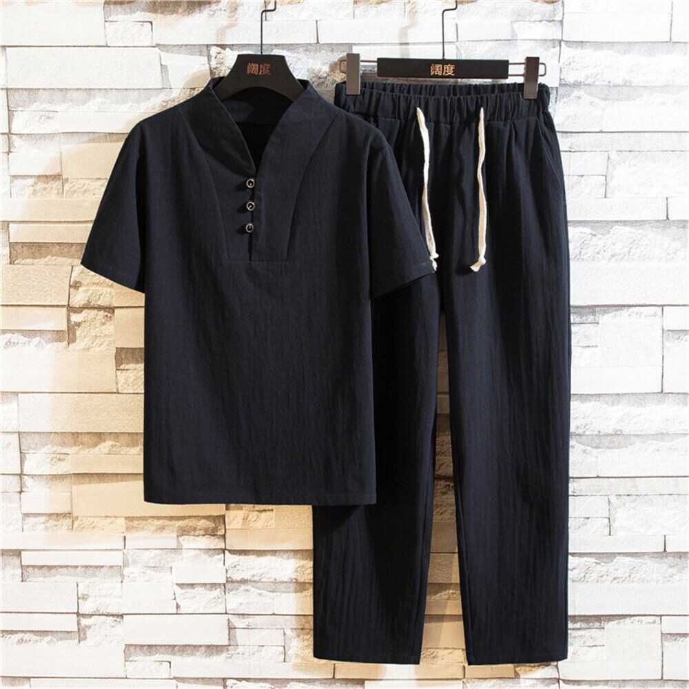 Mens linen Outfit 2-Piece Set Short Sleeve Shirts and Pants Sweatsuit Set