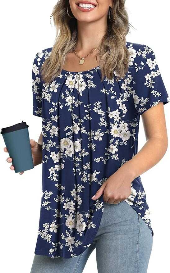 Anymeet 2024 Women's Summer Tunic Top Short Sleeve Casual Tshirts Pleated Loose Blouses for Leggings