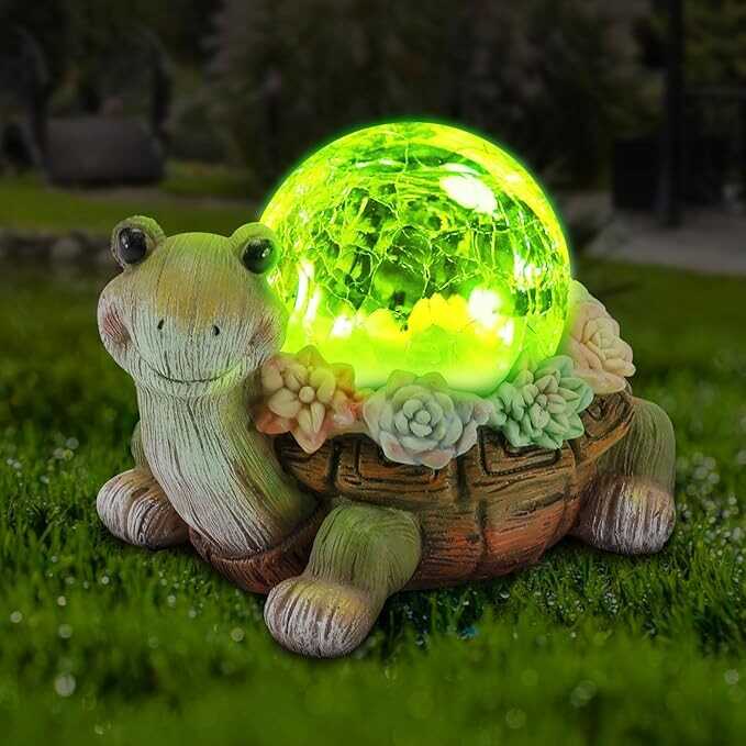 Vasesun Solar Turtle Garden Statue Lights for Outdoor Decor with Cracked Glass LED Figurine Lighting Resin Succulent Tortoise Decorations for Patio Lawn Yard Home Housewarming Mom Wowen Gifts