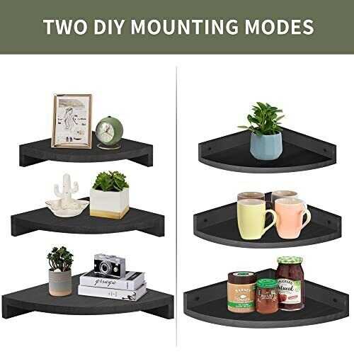 Set of 3 Corner Wall Mounted Shelf Wood Floating Storage Hanging Shelves Display