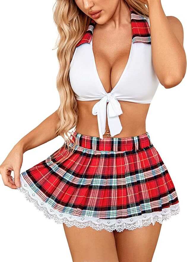 Avidlove Lingerie Set for Women Sexy Lace Two Piece Lingerie Outfits with Tie Top and Mini Pleated Skirt Set