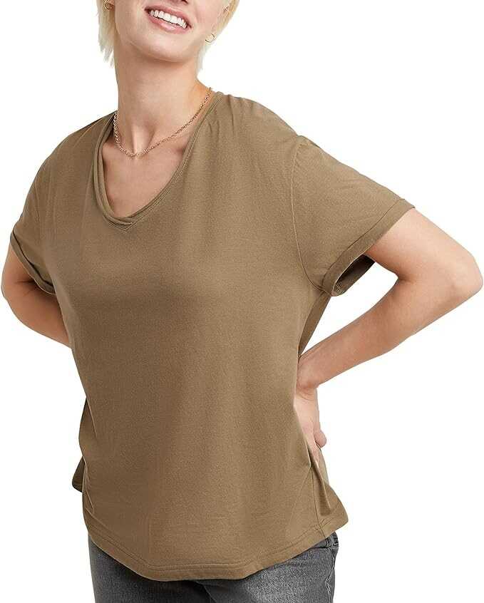 Hanes Women's Originals V-Neck Short Sleeve T-Shirt with Raw Edge, 100% Cotton Tee