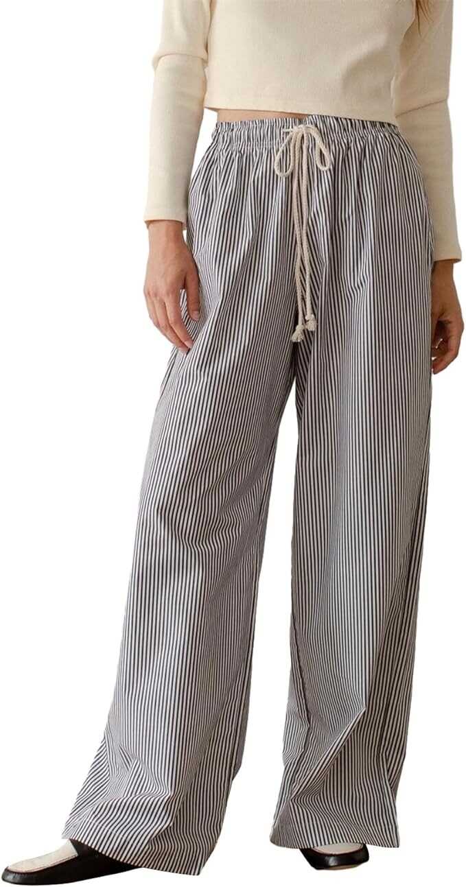 Muineobuka Women Y2k Striped Pants Wide Leg Stripes Print Lounge Pants High Waist Drawstring Striped Pajama Pants Trousers