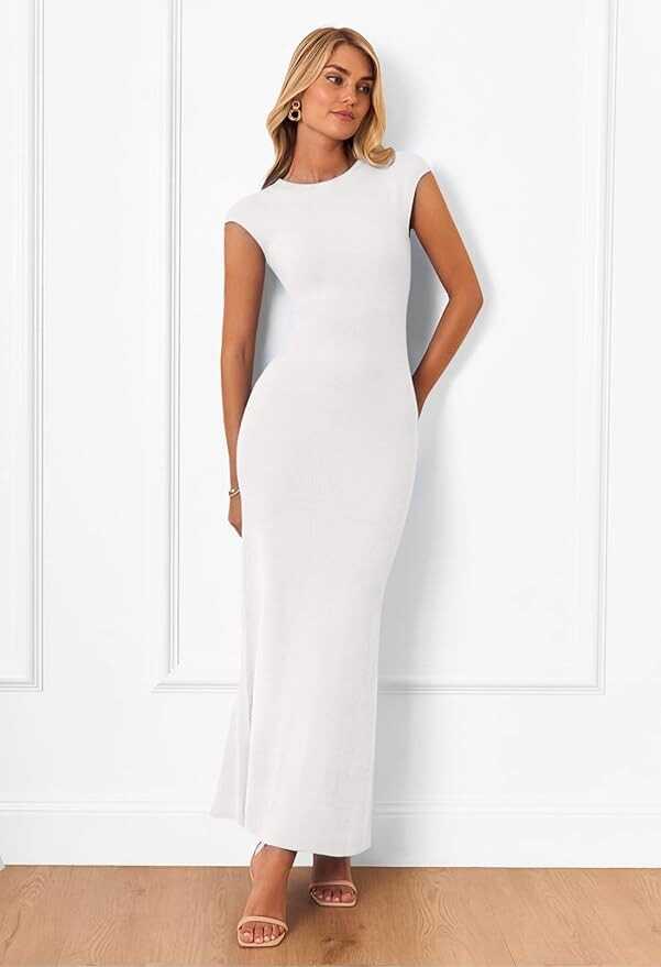 MEROKEETY Women's Cap Sleeve Rib Knit Maxi Dress Crew Neck Slim Fit Bodycon Summer Sweater Dresses