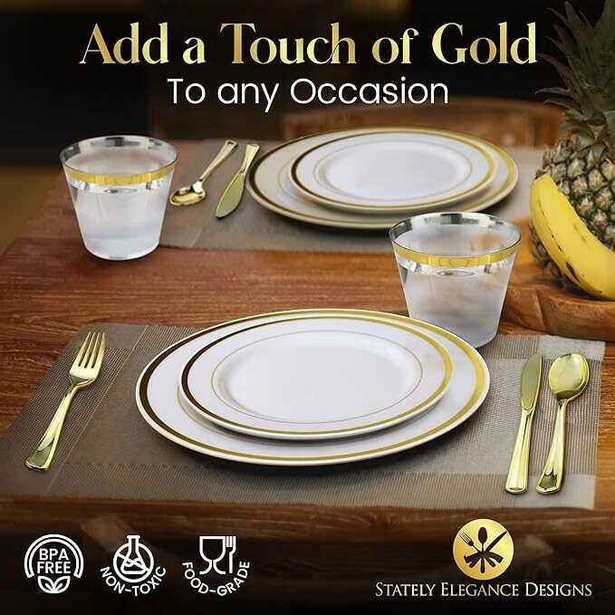 600 Piece Gold Dinnerware Set – 200 White and Gold Plates – Set of 300 Gold Plastic Silverware – 100 Plastic Cups – Disposable Gold Dinnerware Set for Party - 100 Guests