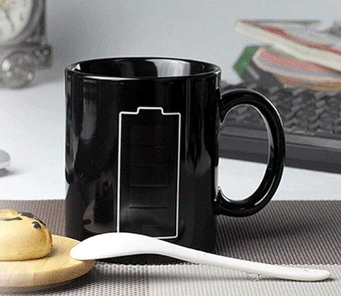 Nofinis Heat Changing Sensitive Mug - Cool Coffee & Tea Magic Color Change Cup Battery Meter Charging Design Ceramic Mug Gift Idea for Mom Dad Women & Men