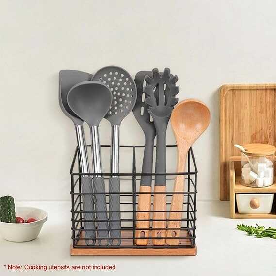 Jeasor Utensil Holder for Kitchen Counter, Metal Utensil Holder Rack for Kitchen Countertop, Cooking Tools Storage for Spatula, Utensil Organizer with Sturdy Base, and Drainage Hole (Black Wooden)
