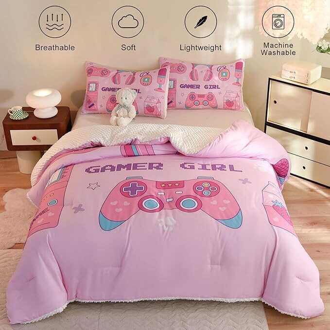 Cyusri Video Game Twin Size Comforter Set for Girls Kids Teens 3D Gaming Controller Pattern Gamepad Print Bedding Set- 3 Piece Pink Quilt with 2 Pillowcases (68"x90")