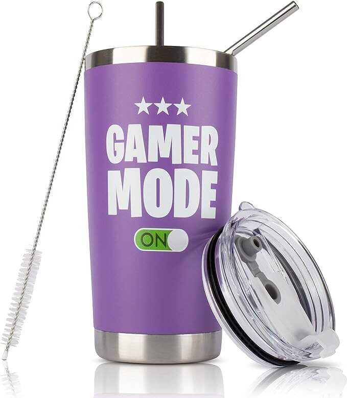 JENVIO Gamer Gifts for Men - Gamer Mode ON - Stainless Steel Tumbler for Coffee/Cold Drinks w Lid and 2 Straws | Gift Idea Gamer Cup - Video Gamer Mug Boys Valentine's Day Gift (20 Ounce Purple)