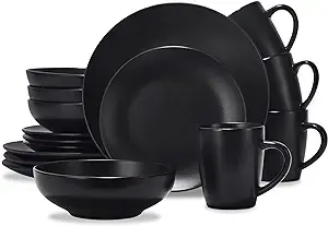 CREATIVELAND Round Stoneware Dinnerware Set Durable Kitchen and Dining,16 Piece Service For 4,Pasta Bowls,Large Salad Bowls,Porcelain Bowl,Wide and Shallow,Microwave and Dishwasher Safe, Matte Black.