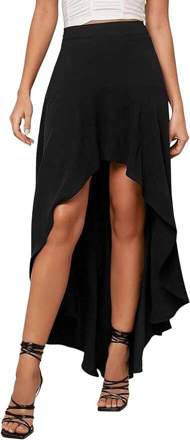 Verdusa Women's Elastic Waist Asymmetrical High Low Flared Maxi Skirt