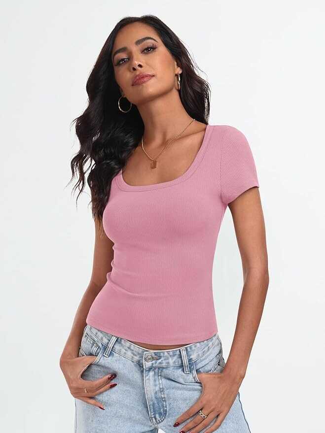 Trendy Queen Womens Tshirts Scoop Neck Ribbed Knit Going Out Crop Basic Spring Summer Outfits Tops Fashion Clothes