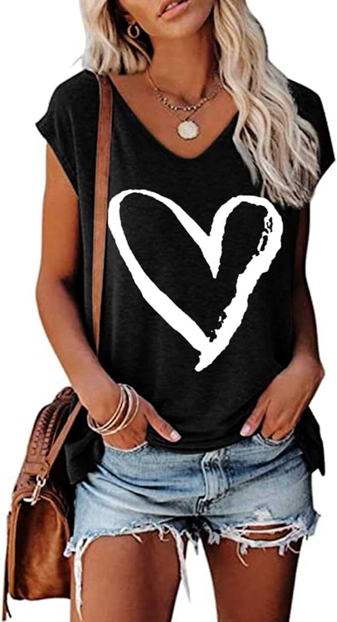 MAGICMK Women's Cap Sleeve Tank Tops V Neck Solid Print Casual Short Sleeve Loose Basic Shirt