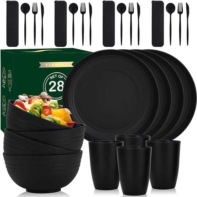 28-Piece Wheat Straw Dinnerware Sets, Microwave & Dishwasher Safe Unbreakable Dinnerware Set, Reusable Dishware Sets, Lightweight Camping Dishes, Plates, Cups, Cereal Bowls for 4（Black） Visit the PYRM