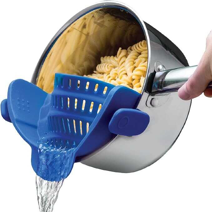 Kitchen Gizmo Snap N' Strain - Silicone Clip-On Colander, Heat Resistant Drainer for Vegetables and Pasta Noodles, Kitchen Gadgets for Bowl, Pots, and Pans - Essential Home Cooking Tools - Blue