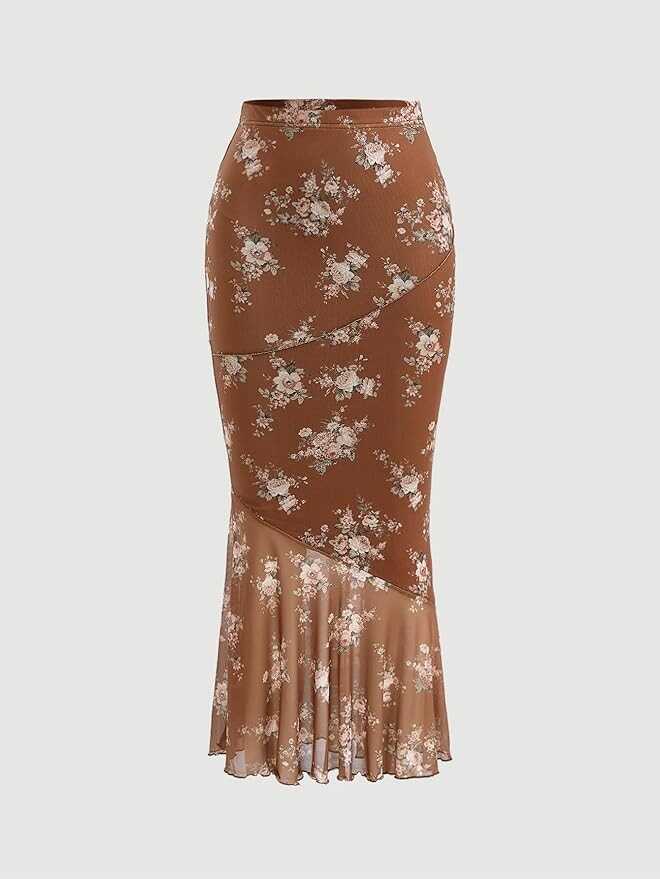 Milumia Women's Floral Mesh Ruffle Hem Maxi Skirt High Waisted Fishtail Long Skirts