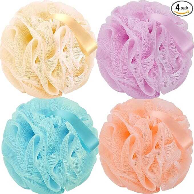 FARMOGA Bath Loofah Sponge Body Scrubber Shower Sponge Exfoliating Mesh Pouf Shower Ball Bath Sponges for Women and Men Bathing Accessories (4Pack 50G Colorful)