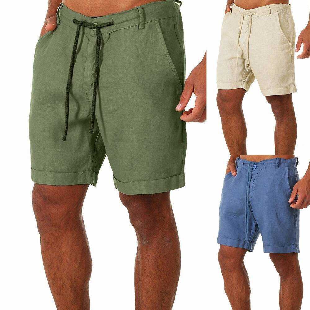 Mens Cotton Linen Shorts Elastic Waist Drawstring Summer Casual Loose Half Pants