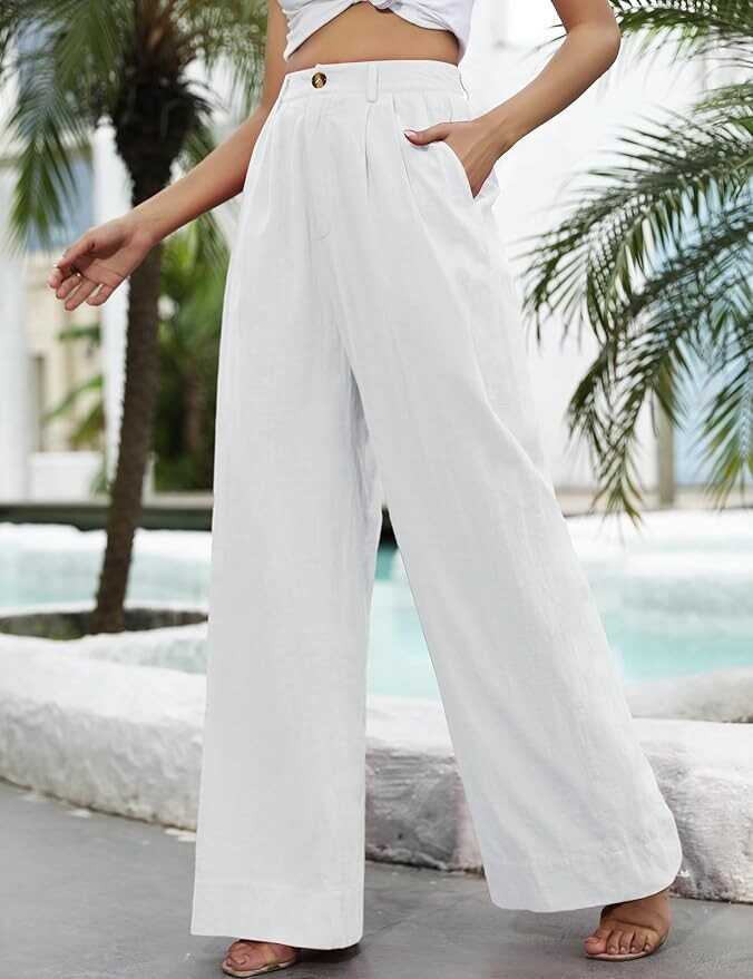Kocowoo Linen Wide Leg Dress Pants for Women High Waisted Palazzo Pants Casual Lounge Beach Trousers with Pocket.