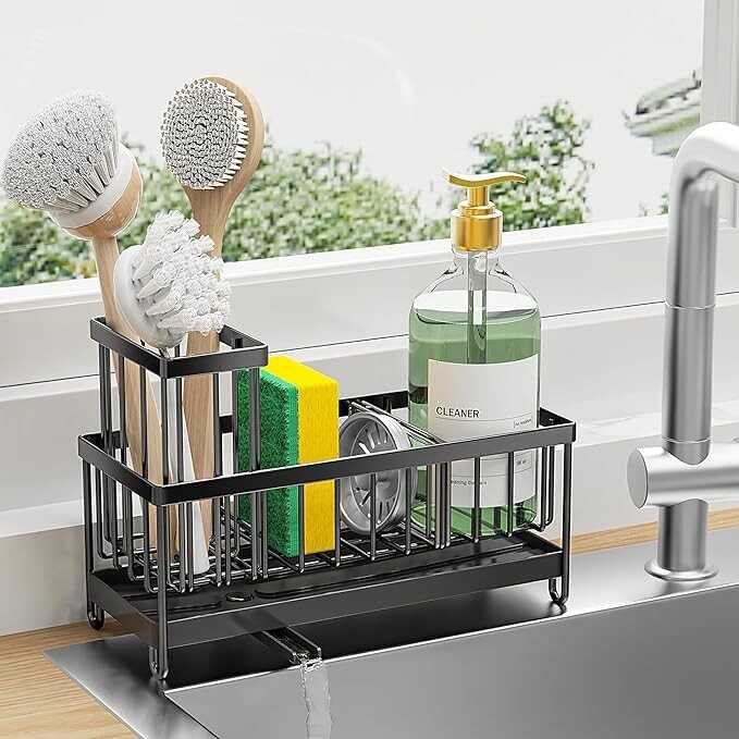Cisily Sponge Holder for Kitchen Sink, Sink Caddy with High Brush Holder, Organzier Rustproof 304 Stainless Steel Dish Organizer Divider, Soap Dispenser Storage
