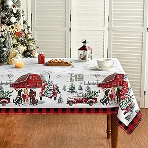 Horaldaily Christmas Tablecloth 60×104 Inch, Dogs Truck House Snow Washable Table Cover for Party Picnic Dinner Decor
