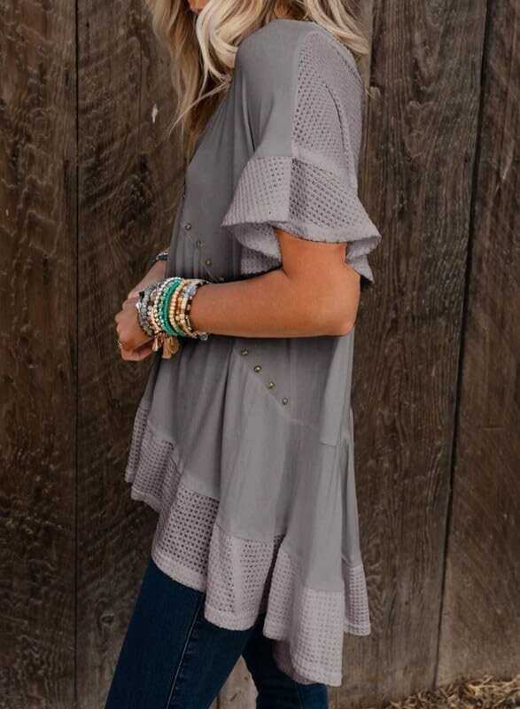 Dokotoo Womens Waffle Knit Tops V-Neck Ruffle Sleeve Blouse Stud Rivet Splicing Shirts