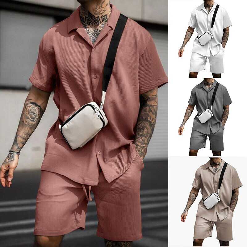 Mens Summer Outfit 2-Piece Set Short Sleeve Button Shirts and Shorts Sweatsuit
