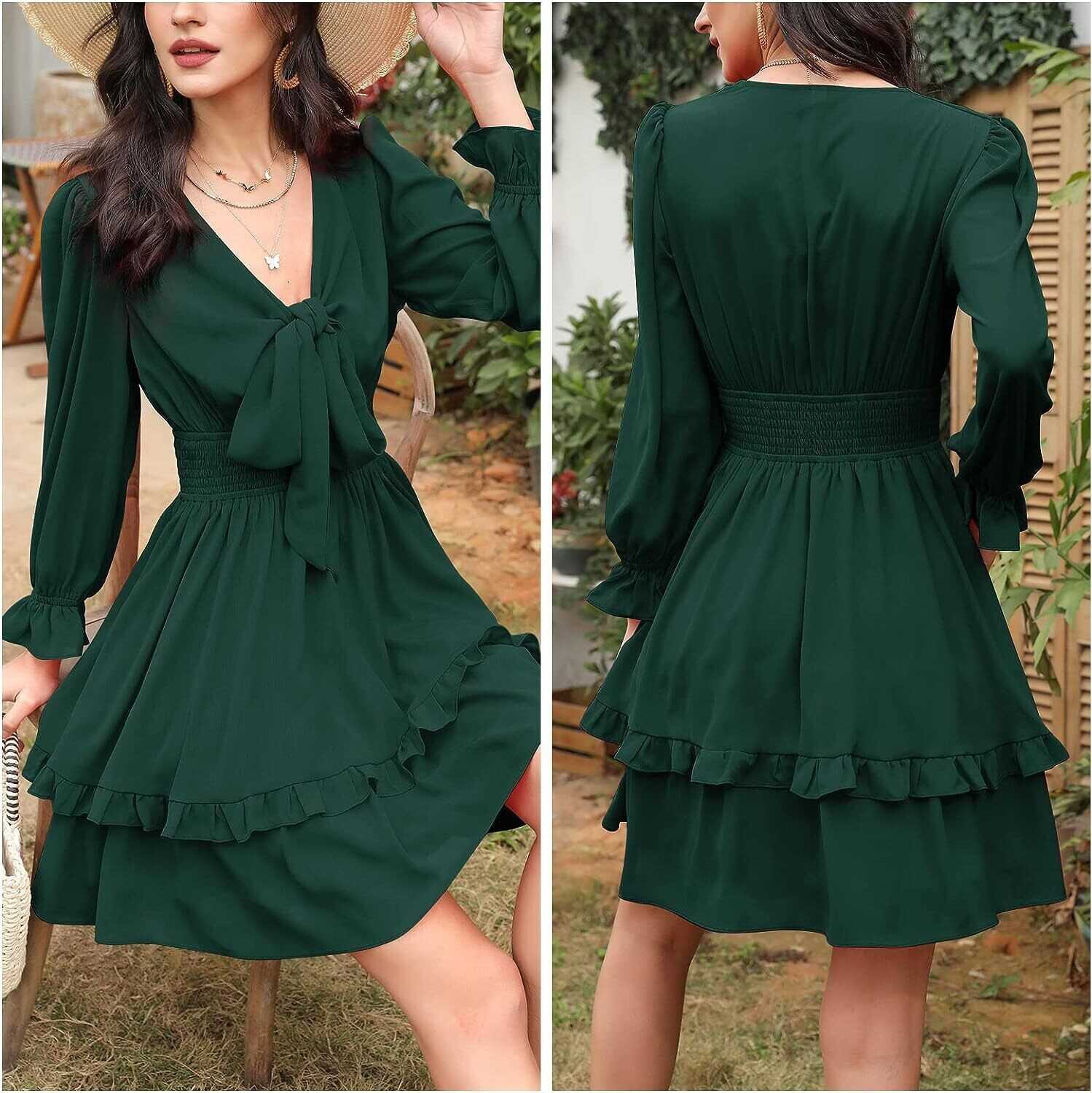 EXLURA Women Tie Front Elastic Waist Tiered Ruffle Layer Floral Balloon Long Sle