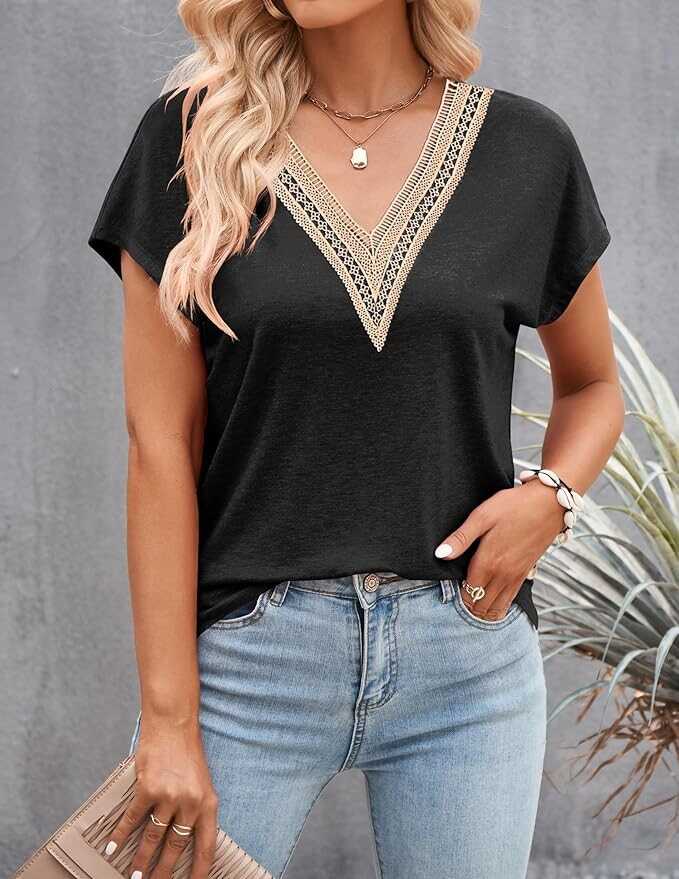 MEROKEETY Women's Casual Cap Sleeve Lace Trim V Neck Tops 2024 Summer Loose Tee Shirts Blous