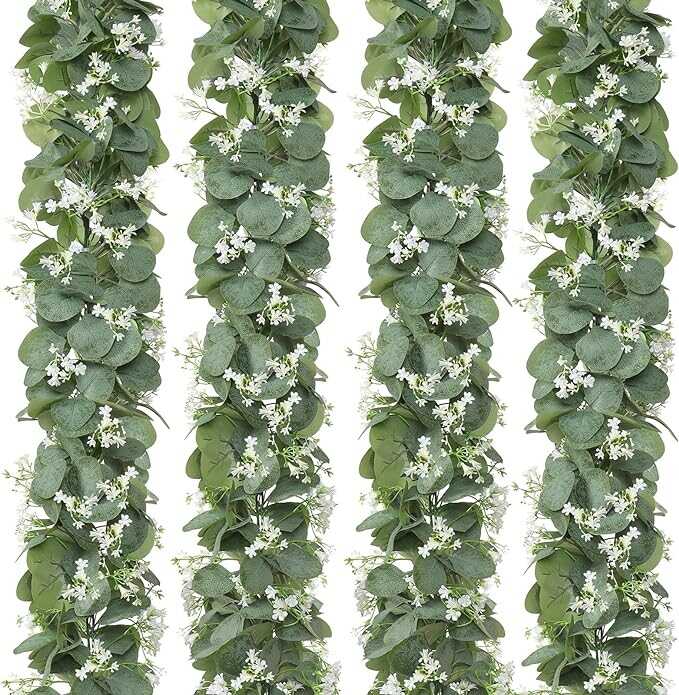 KHOYIME Eucalyptus Garland with White Flowers, 4 Packs 5.9Ft Artificial Silver Dollar Eucalyptus Leaves Plant Fake Greenery Hanging Ivy Vines Faux Wreath for Wedding Arch Party Mantle Table Home Decor