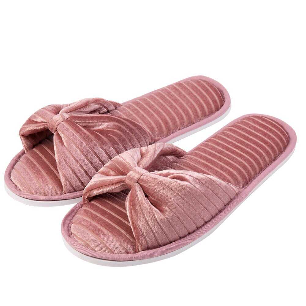 Aerusi Women Bow Open Toe Slide Memory Foam Velvet Slippers Non-Slip House Shoes