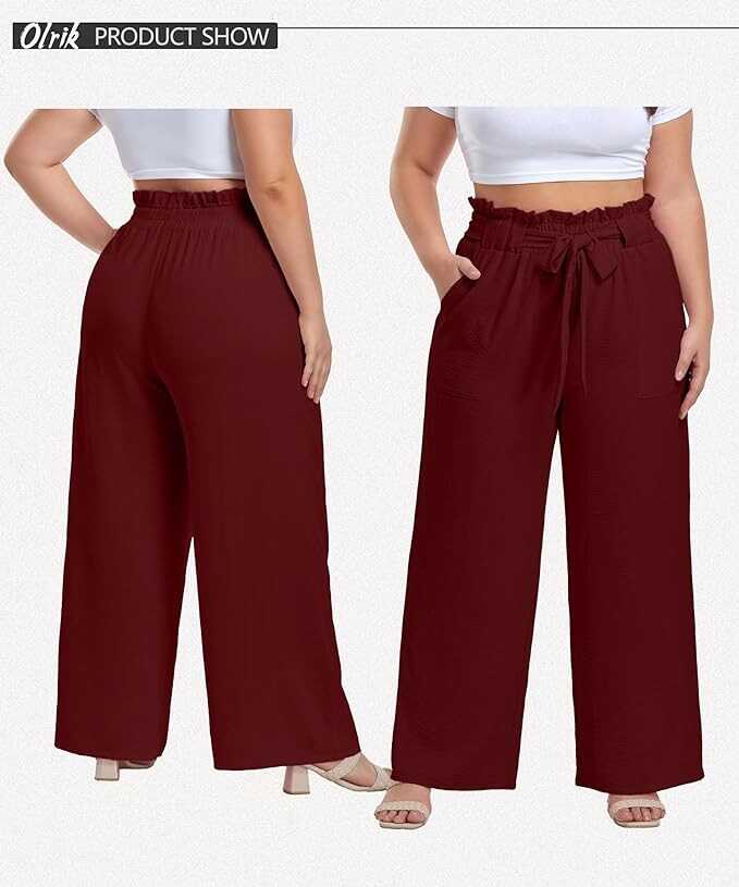 OLRIK Women's Casual Plus Size Pants High Waisted Self-tie Belted Lounge Pants Straight Long Trousers with Pockets