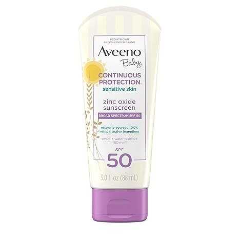 Aveeno Baby Continuous Protection Zinc Oxide Mineral Sunscreen Lotion for Sensitive Skin, Broad Spectrum SPF 50, Tear-Free, Sweat- & Water-Resistant, Paraben-Free, Travel-Size, 3 fl. oz