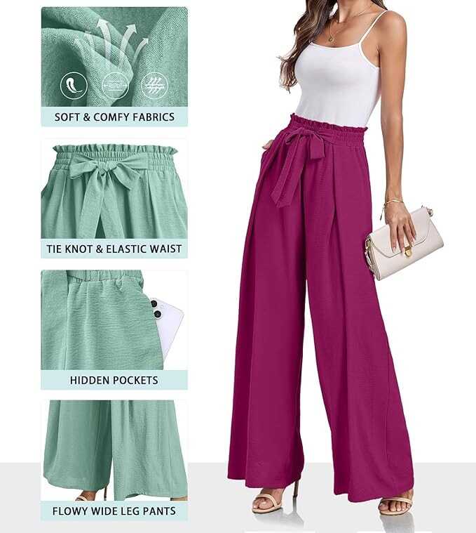 Lepunuo Wide Leg Pants for Women High Waisted Palazzo Pants Work Casual Flowy Tie Knot Trousers with Pockets