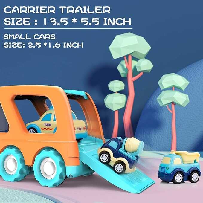 9 Pack Cars Toys for 2 3 4 5 Years Old Toddlers Boys & Girls Gift, Big Transport Truck with 8 Small Cute Pull Back Trucks, Carrier Truck with Sound & Light 13.5 * 5.5 inch, 2.5 *1.6 inch