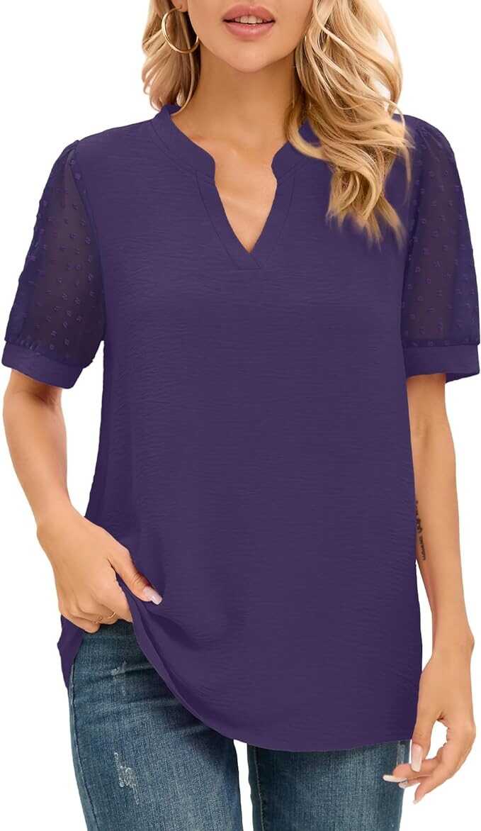 NILOUFO Womens Summer Casual Shirts Short Sleeve Tops Notch V Neck Blouses Trendy Tunic