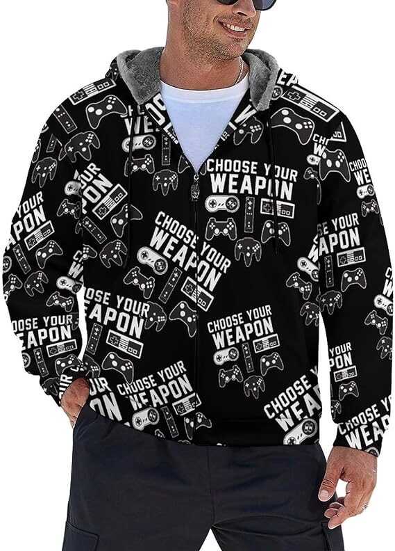 Choose Your Weapon Gamer Gaming Men's Zippered Hoodies Heavyweight Hooded Sweatshirt Jacket Thick Warm Coat