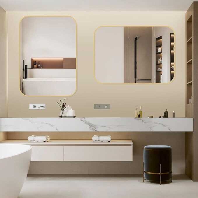 TITAMEG 24x36 Inch Bathroom Mirror for Wall,Gold Framed Rectangle Mirror with Rounded Corner,Aluminum Alloy Framed Brushed Wall Mirror for Bedroom or Living Room,Vertical or Horizontal