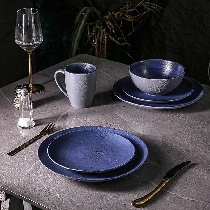Larinest 16-Piece Dinnerware Sets,plates and bowls sets,Plates,Bowls and Mugs,Service for 4,Microwave and Dishwasher Safe,Porcelain Chip and Scratch Resistant,Blue