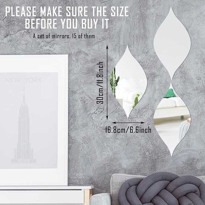 Amyhill 15 Pack Acrylic Mirror Wall Stickers Teardop Mirror Stickers Wall Decor Wavy Mirror Stickers Removable 3D Wall Decals Art for Living Room Bathroom Home Decoration(Silver, Teardrop)